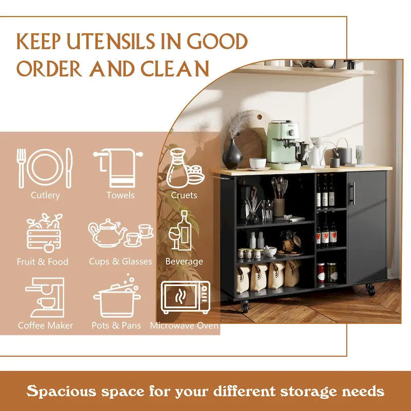 Futzca 47W Kitchen Storage Island Cart with 6 Open Shelves and 1 Cabinet