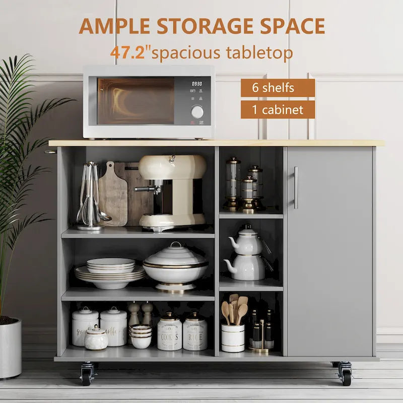 Futzca 47W Kitchen Storage Island Cart with 6 Open Shelves and 1 Cabinet