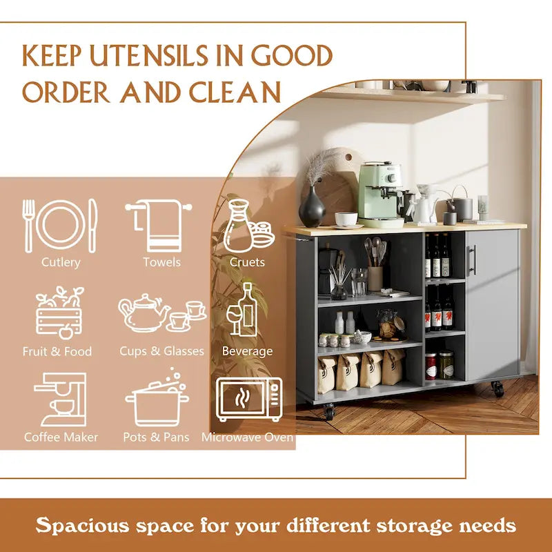 Futzca 47W Kitchen Storage Island Cart with 6 Open Shelves and 1 Cabinet