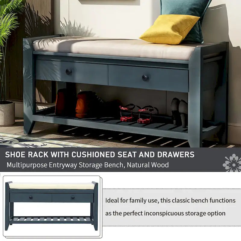 Modern Multipurpose Entryway Storage Bench With Upholstered Seat and Drawers