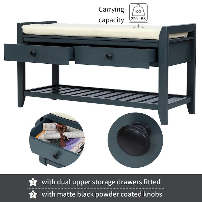 Modern Multipurpose Entryway Storage Bench With Upholstered Seat and Drawers