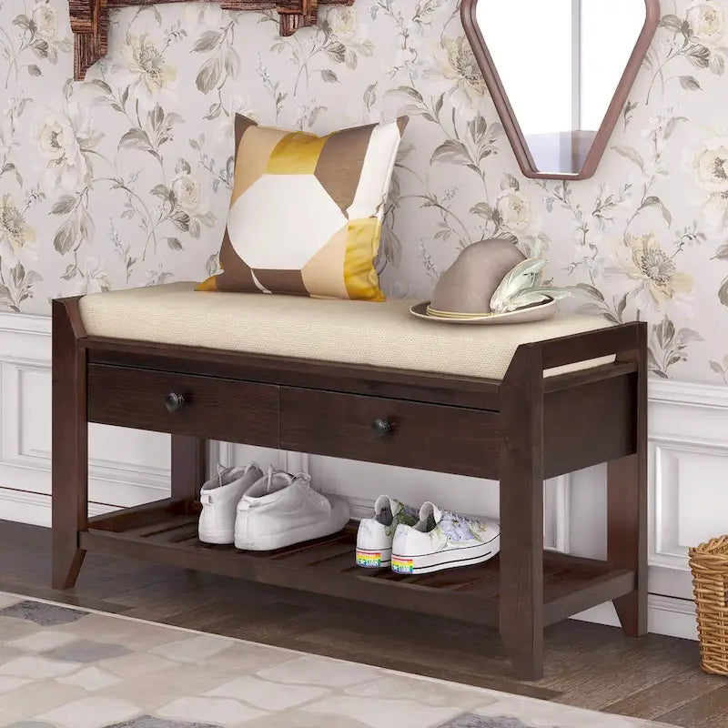 Modern Multipurpose Entryway Storage Bench With Upholstered Seat and Drawers