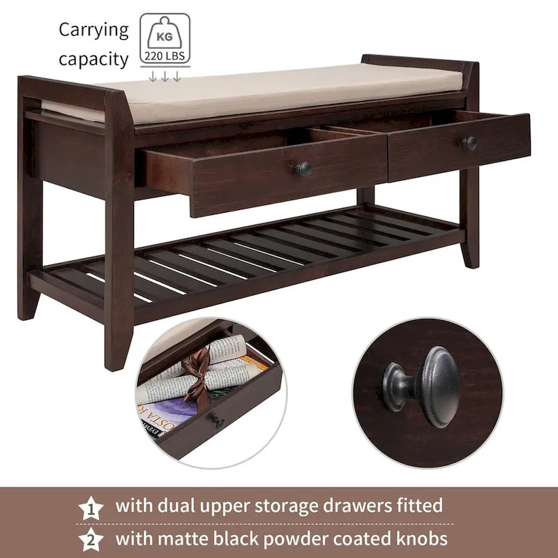 Modern Multipurpose Entryway Storage Bench With Upholstered Seat and Drawers