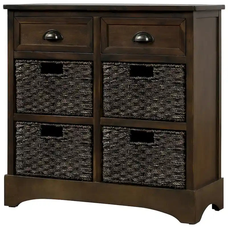 Rustic Storage Cabinet with Two Drawers and Four Classic Rattan Basket for Dining Room/Entryway/Living Room