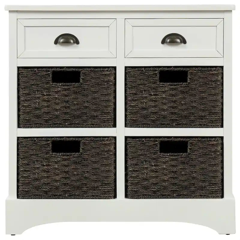Rustic Storage Cabinet with Two Drawers and Four Classic Rattan Basket for Dining Room/Entryway/Living Room