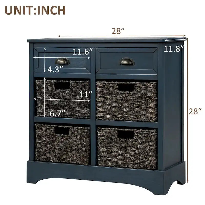 Rustic Storage Cabinet with Two Drawers and Four Classic Rattan Basket for Dining Room/Entryway/Living Room