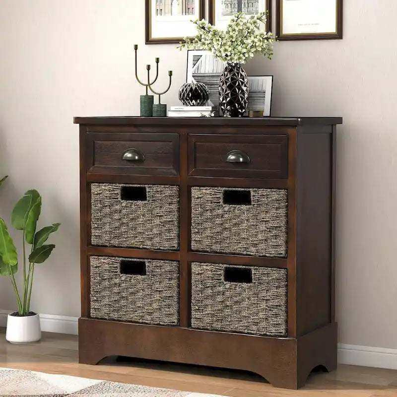 Rustic Storage Cabinet with Two Drawers and Four Classic Rattan Basket for Dining Room/Entryway/Living Room
