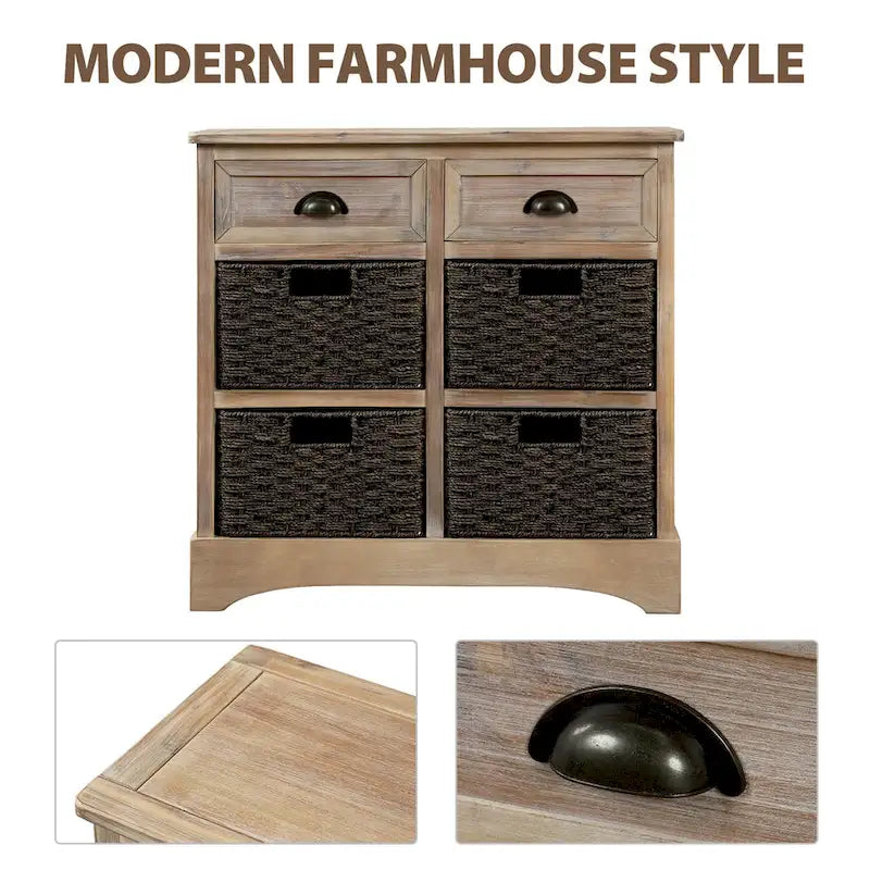 Rustic Storage Cabinet with Two Drawers and Four Classic Rattan Basket for Dining Room/Entryway/Living Room