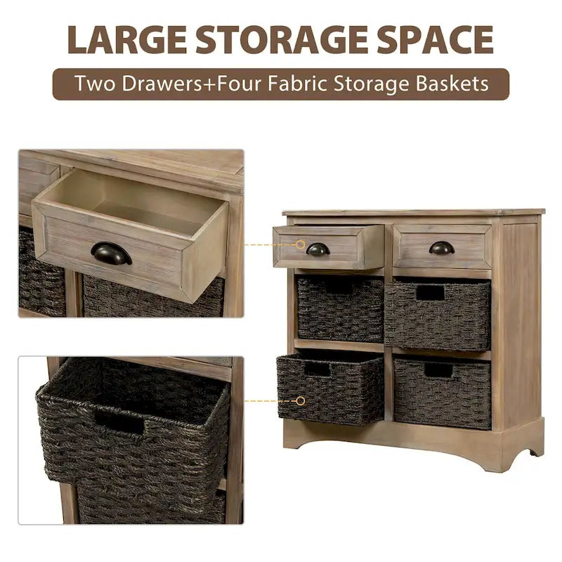 Rustic Storage Cabinet with Two Drawers and Four Classic Rattan Basket for Dining Room/Entryway/Living Room