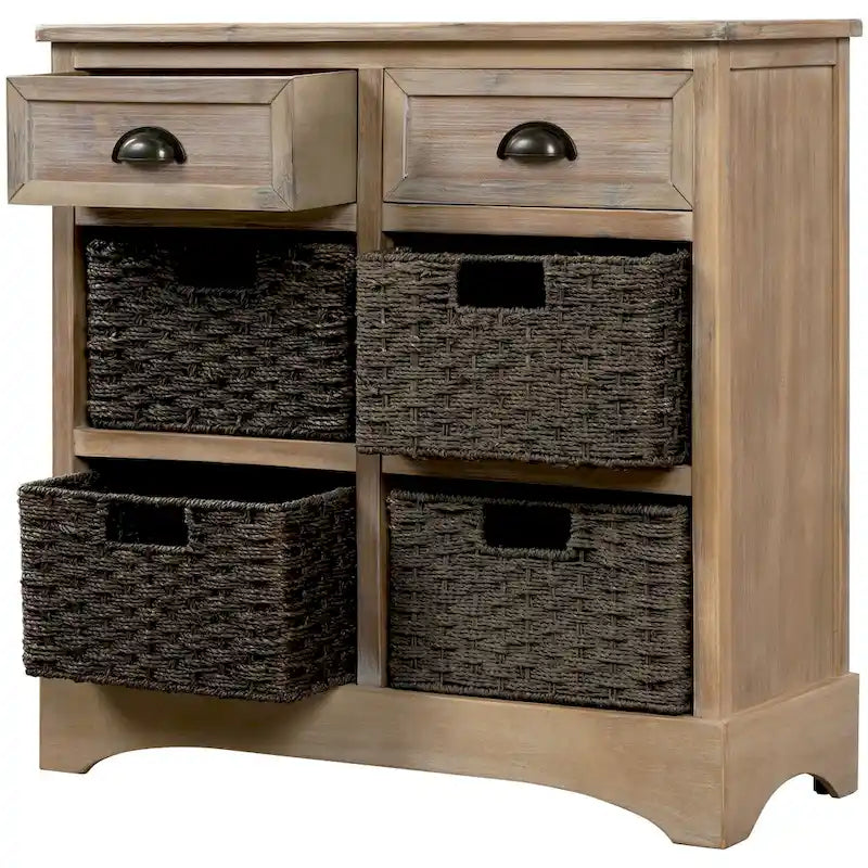 Rustic Storage Cabinet with Two Drawers and Four Classic Rattan Basket for Dining Room/Entryway/Living Room
