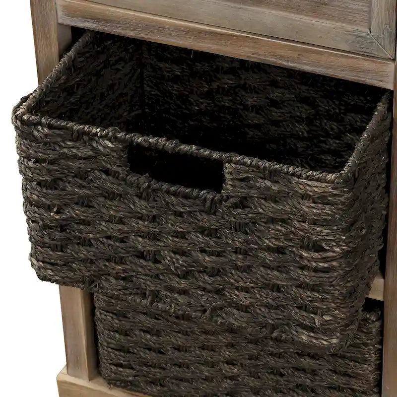 Rustic Storage Cabinet with Two Drawers and Four Classic Rattan Basket for Dining Room/Entryway/Living Room