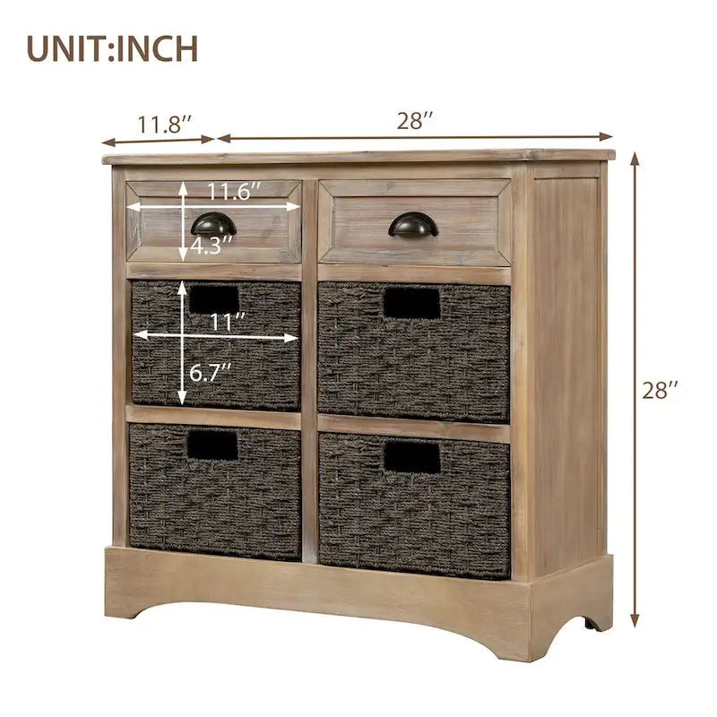 Rustic Storage Cabinet with Two Drawers and Four Classic Rattan Basket for Dining Room/Entryway/Living Room