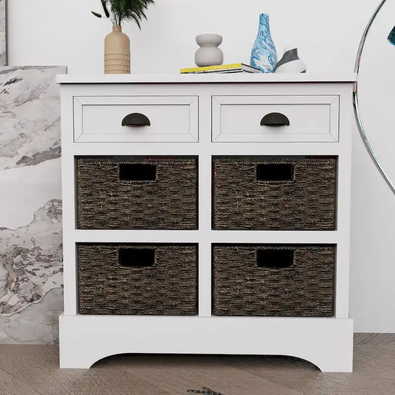 Rustic Storage Cabinet with Two Drawers and Four Classic Rattan Basket for Dining Room/Entryway/Living Room