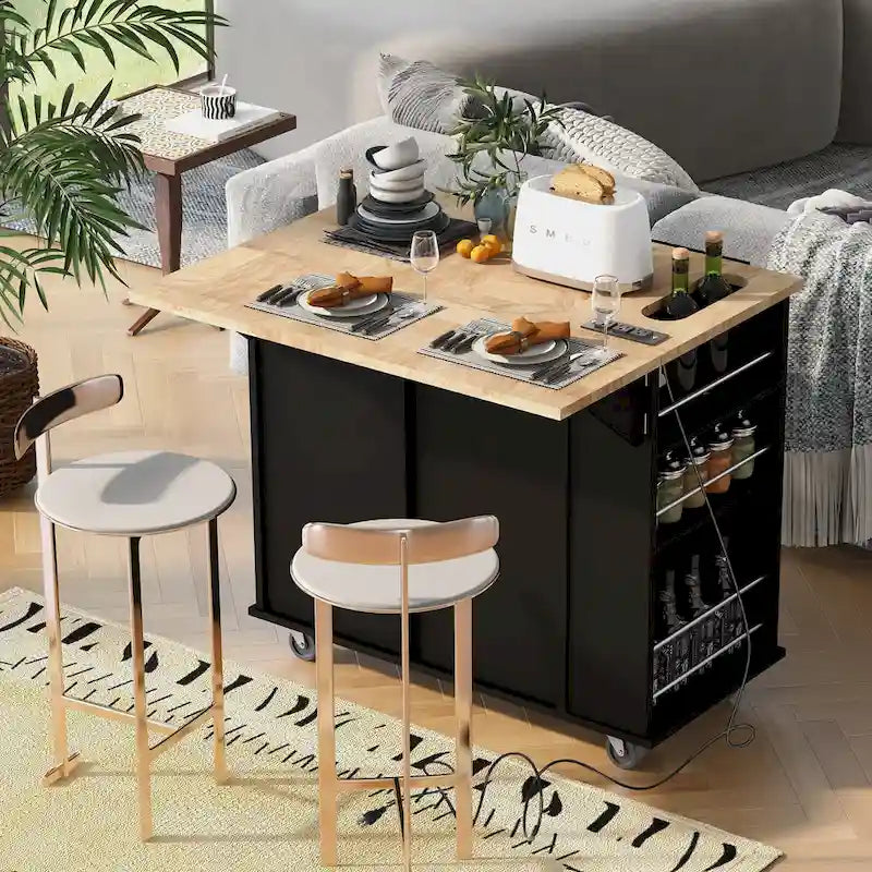 Adjustable Shelves Kitchen Island with Power Outlet and Drop Leaf