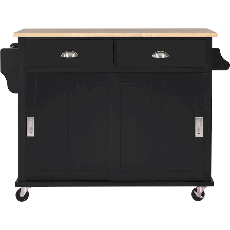 Kitchen Cart with Rubber wood Drop-Leaf Countertop, Concealed sliding barn door adjustable height