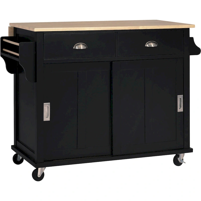 Kitchen Cart with Rubber wood Drop-Leaf Countertop, Concealed sliding barn door adjustable height