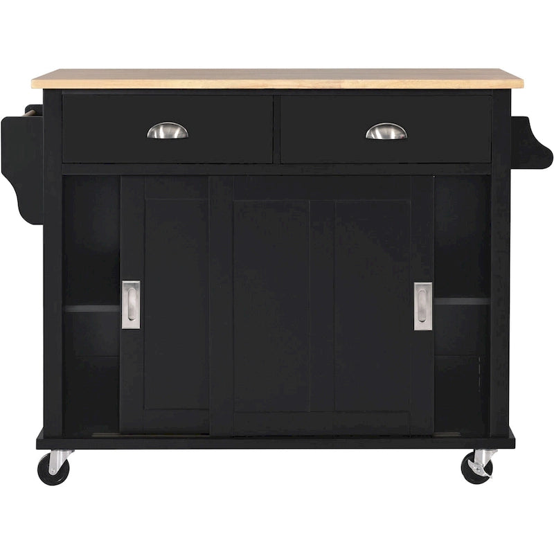 Kitchen Cart with Rubber wood Drop-Leaf Countertop, Concealed sliding barn door adjustable height