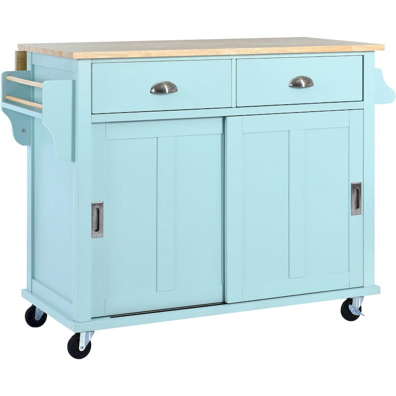 Kitchen Cart with Rubber wood Drop-Leaf Countertop, Concealed sliding barn door adjustable height