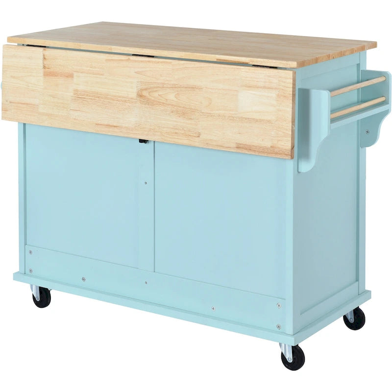 Kitchen Cart with Rubber wood Drop-Leaf Countertop, Concealed sliding barn door adjustable height