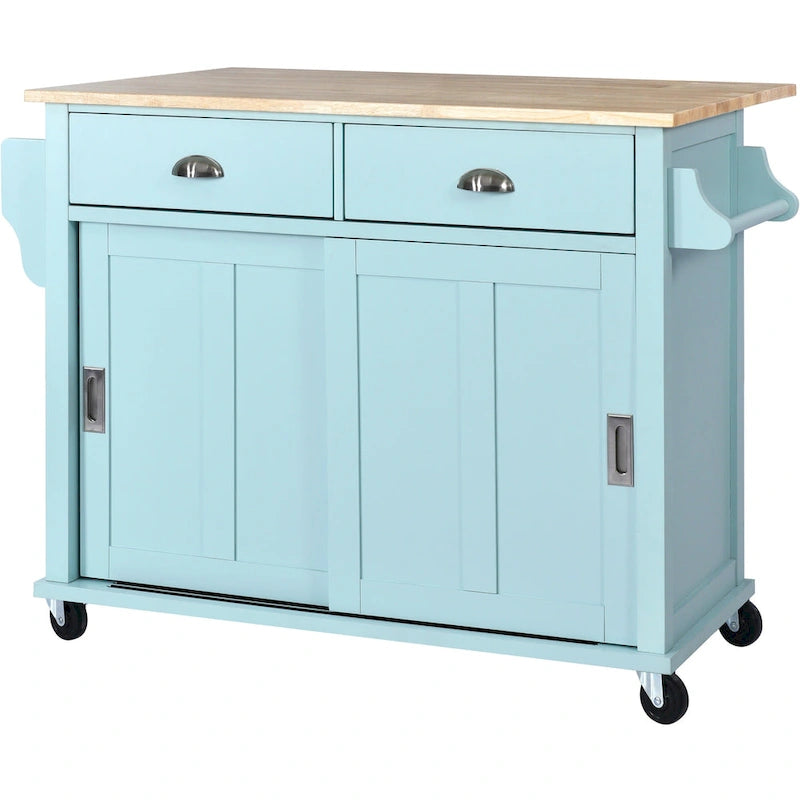 Kitchen Cart with Rubber wood Drop-Leaf Countertop, Concealed sliding barn door adjustable height