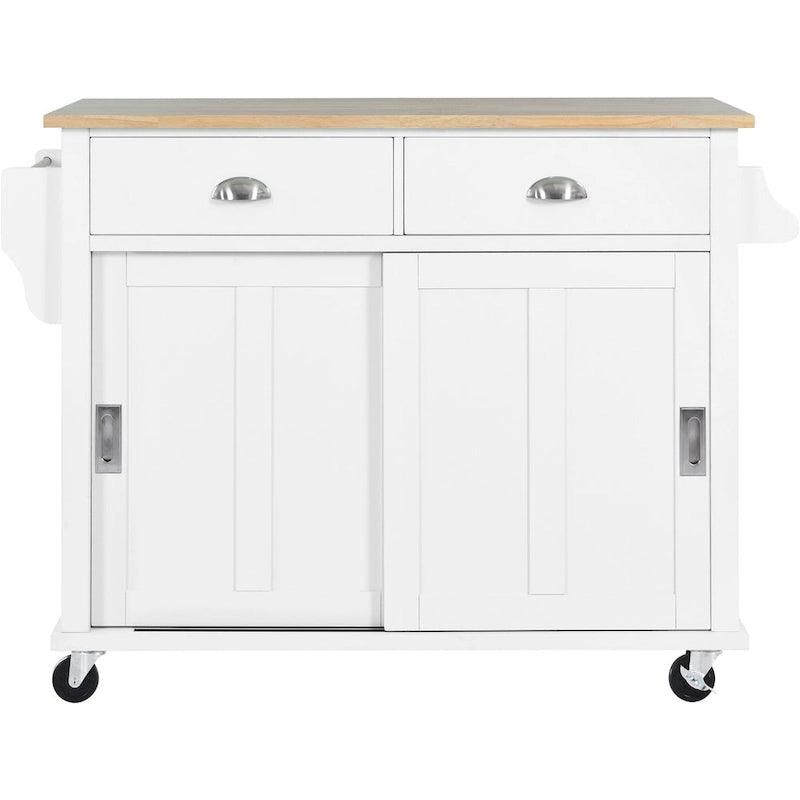 Kitchen Cart with Rubber wood Drop-Leaf Countertop, Concealed sliding barn door adjustable height