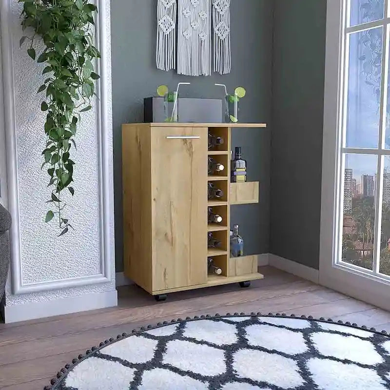 Wooden Bar Cart, Kitchen Serving Cart with Wine Rack and 1-Door Cabinet, 23.6x14.8x32.2 in.