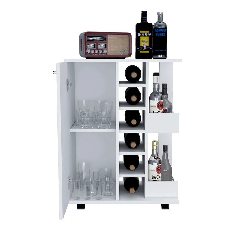Wooden Bar Cart, Kitchen Serving Cart with Wine Rack and 1-Door Cabinet, 23.6x14.8x32.2 in.