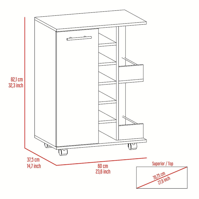 Wooden Bar Cart, Kitchen Serving Cart with Wine Rack and 1-Door Cabinet, 23.6x14.8x32.2 in.