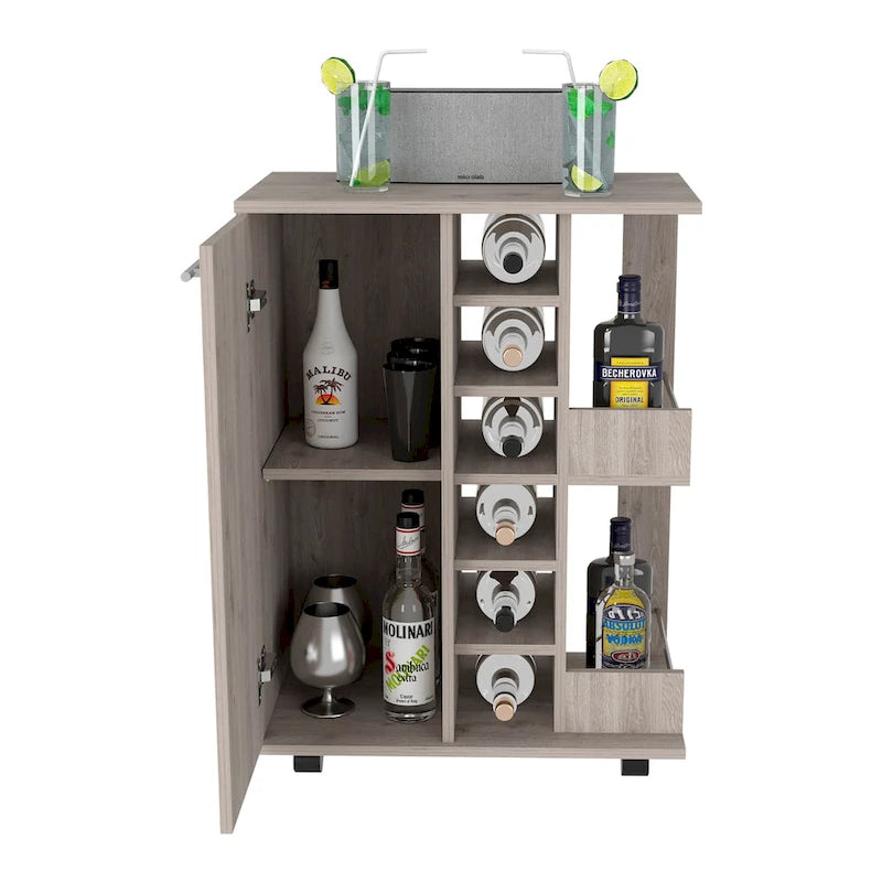 Wooden Bar Cart, Kitchen Serving Cart with Wine Rack and 1-Door Cabinet, 23.6x14.8x32.2 in.