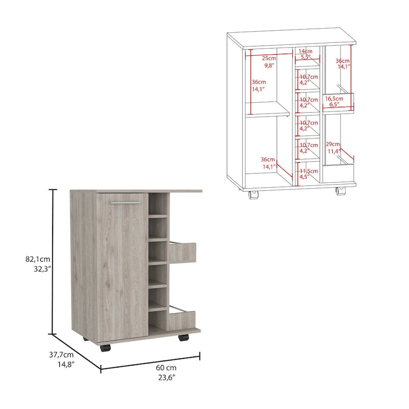Wooden Bar Cart, Kitchen Serving Cart with Wine Rack and 1-Door Cabinet, 23.6x14.8x32.2 in.