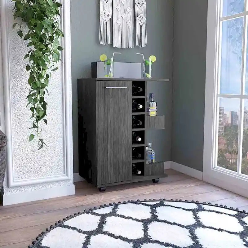 Wooden Bar Cart, Kitchen Serving Cart with Wine Rack and 1-Door Cabinet, 23.6x14.8x32.2 in.