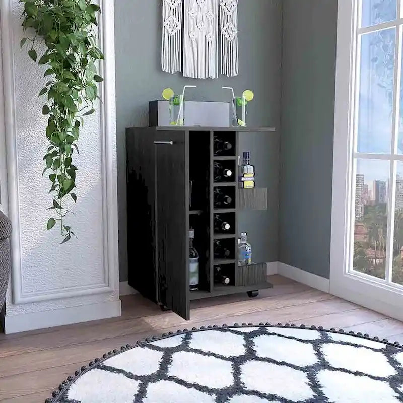 Wooden Bar Cart, Kitchen Serving Cart with Wine Rack and 1-Door Cabinet, 23.6x14.8x32.2 in.