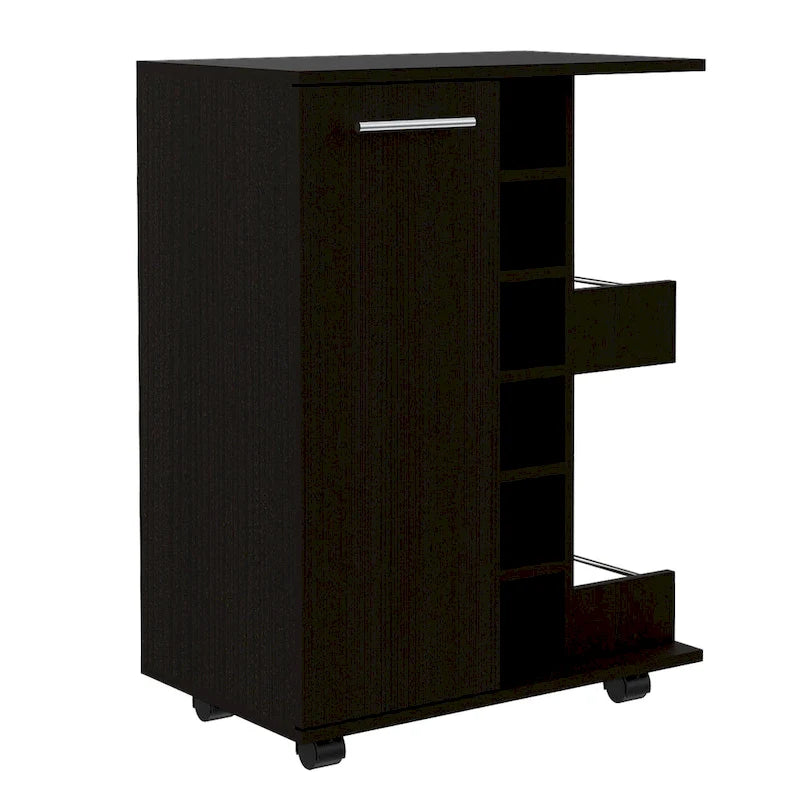 Wooden Bar Cart, Kitchen Serving Cart with Wine Rack and 1-Door Cabinet, 23.6x14.8x32.2 in.