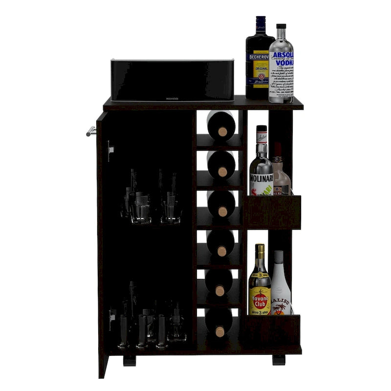 Wooden Bar Cart, Kitchen Serving Cart with Wine Rack and 1-Door Cabinet, 23.6x14.8x32.2 in.