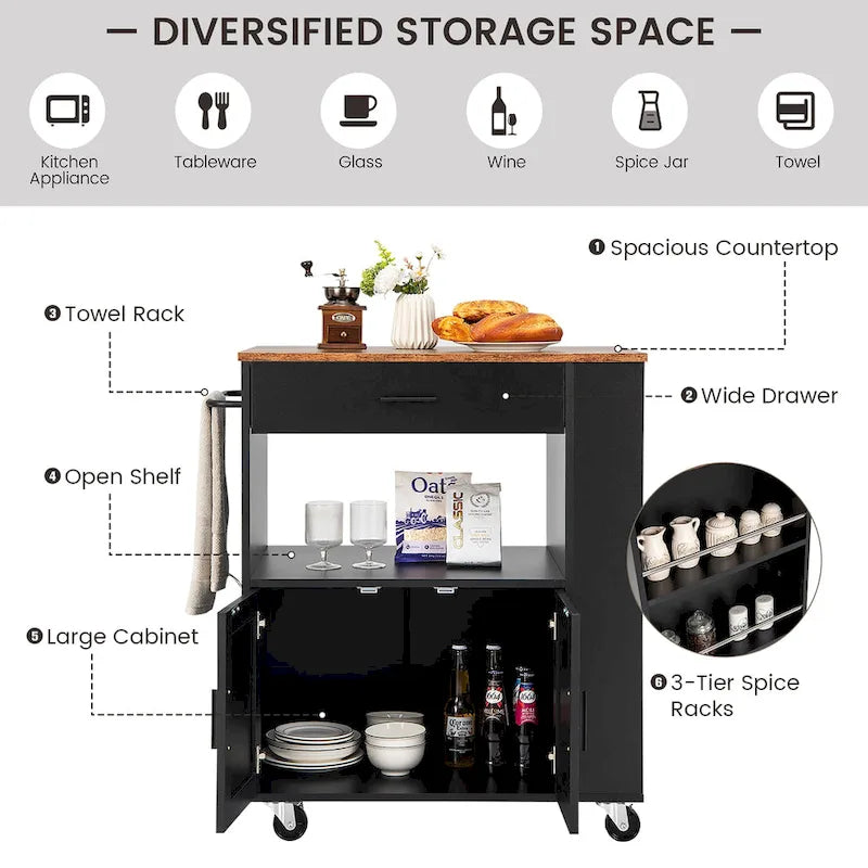 Kitchen Island Cart Rolling Storage Cabinet w/ Drawer & Rack Shelf