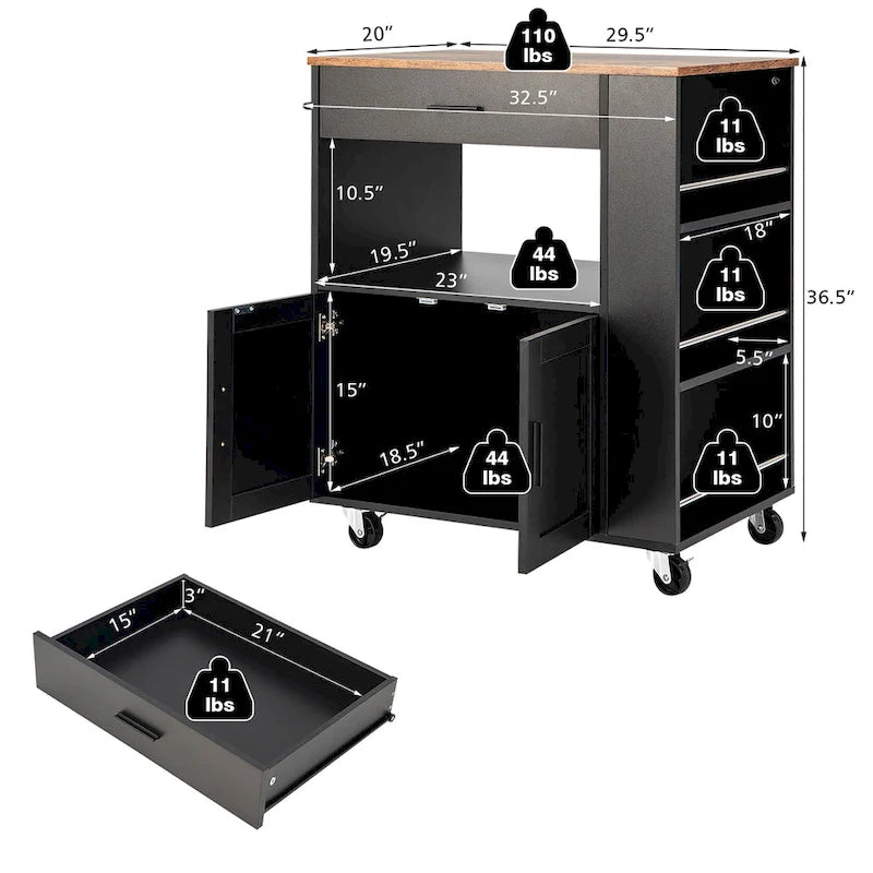 Kitchen Island Cart Rolling Storage Cabinet w/ Drawer & Rack Shelf