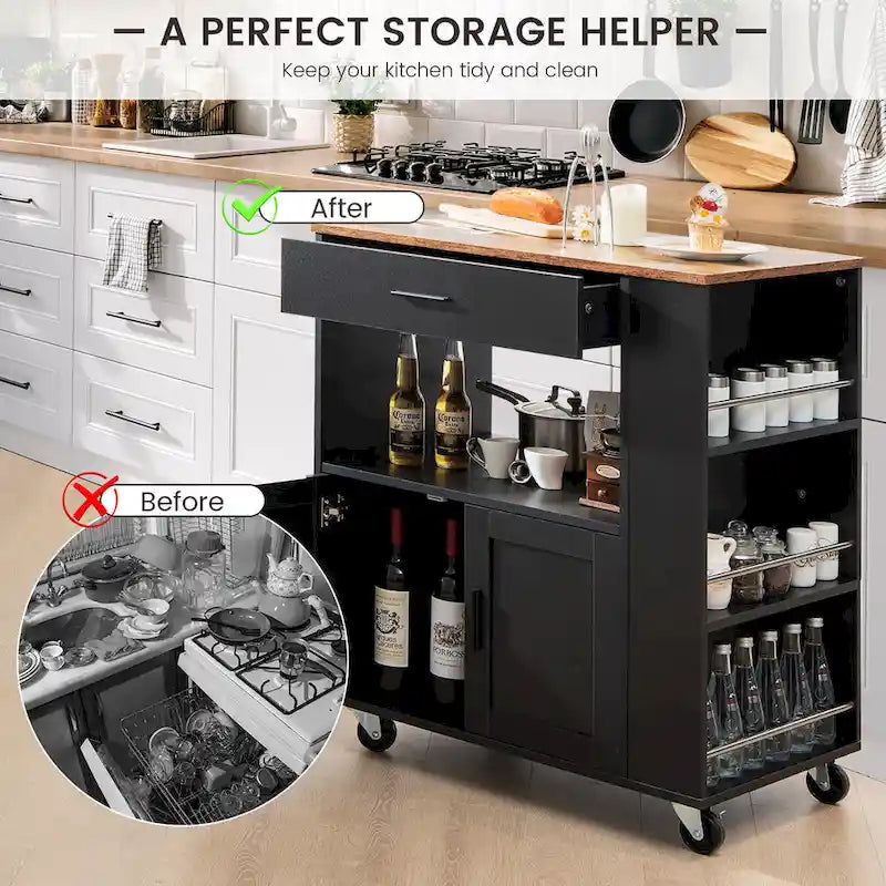 Kitchen Island Cart Rolling Storage Cabinet w/ Drawer & Rack Shelf
