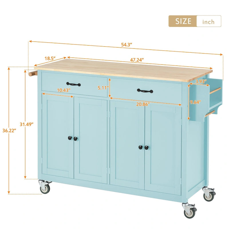 Kitchen Island Cart with 4 Door Cabinet and Two Drawers and 2 Locking Wheels - Solid Wood Top