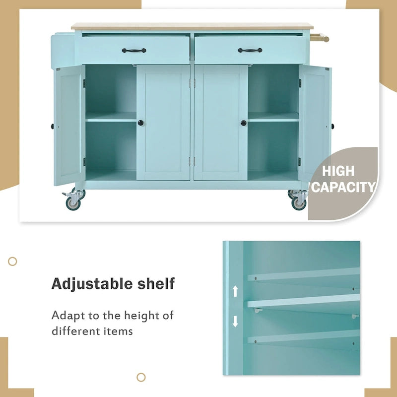 Kitchen Island Cart with 4 Door Cabinet and Two Drawers and 2 Locking Wheels - Solid Wood Top