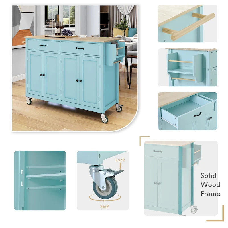Kitchen Island Cart with 4 Door Cabinet and Two Drawers and 2 Locking Wheels - Solid Wood Top