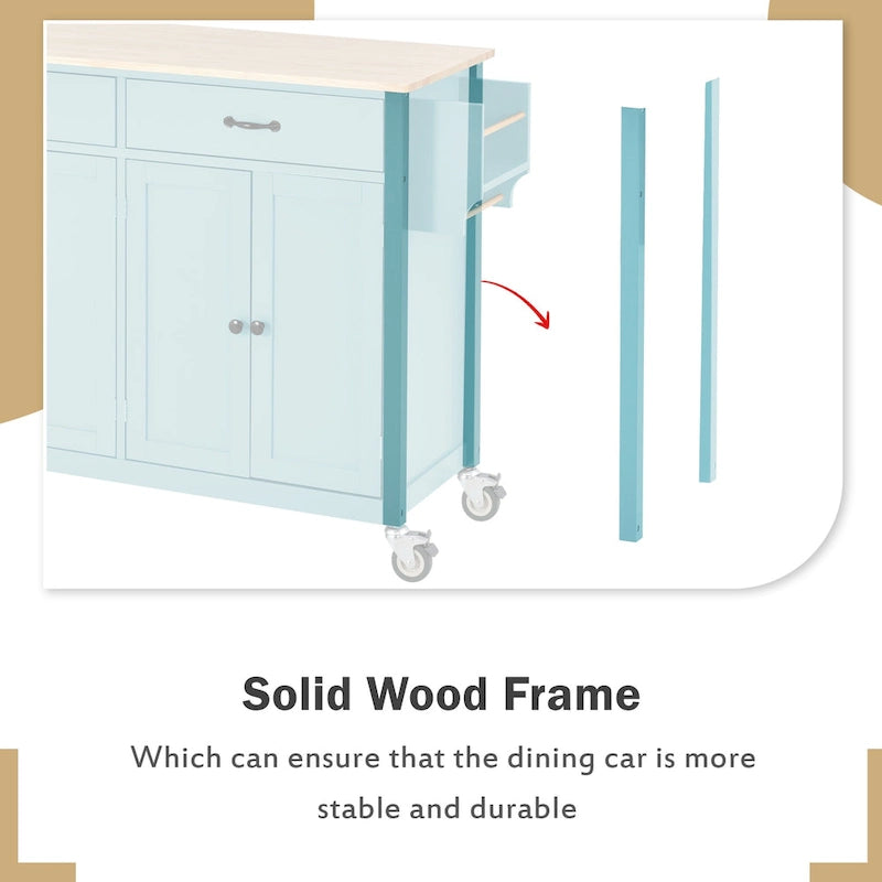 Kitchen Island Cart with 4 Door Cabinet and Two Drawers and 2 Locking Wheels - Solid Wood Top