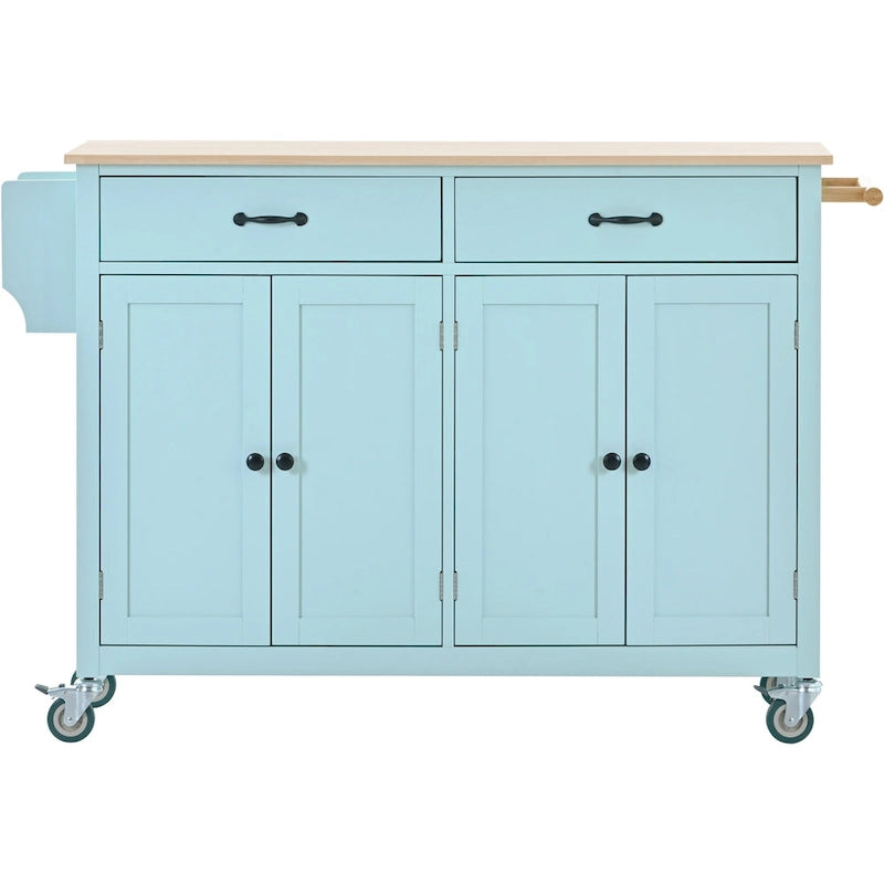 Kitchen Island Cart with 4 Door Cabinet and Two Drawers and 2 Locking Wheels - Solid Wood Top