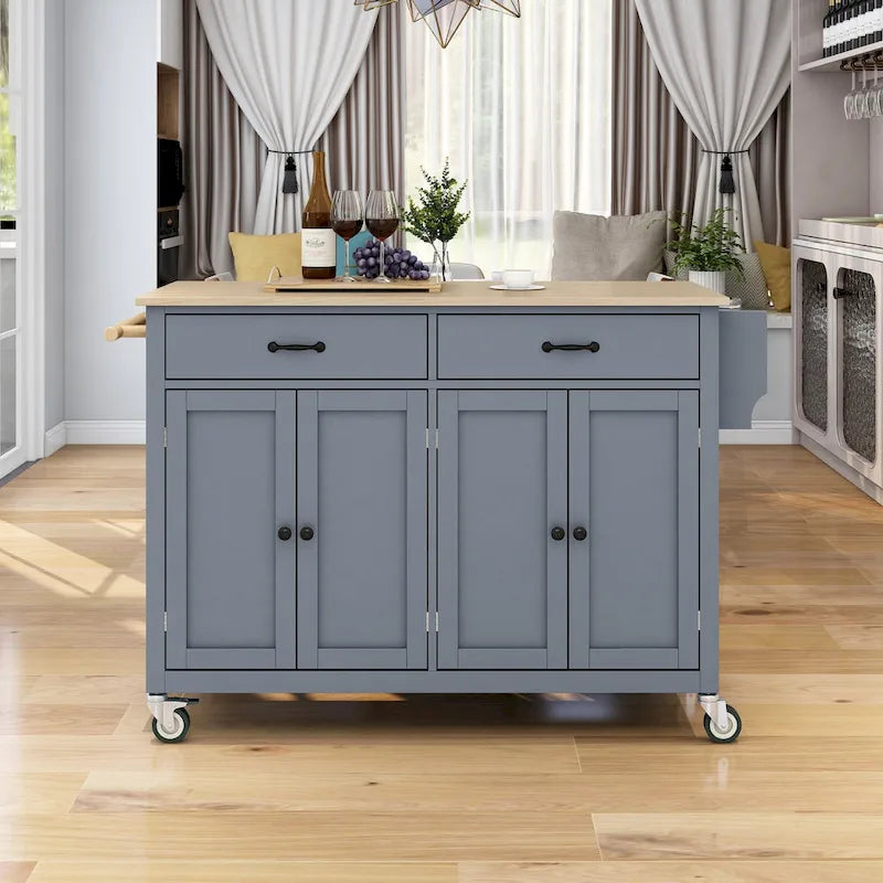 Kitchen Island Cart with 4 Door Cabinet and Two Drawers and 2 Locking Wheels - Solid Wood Top
