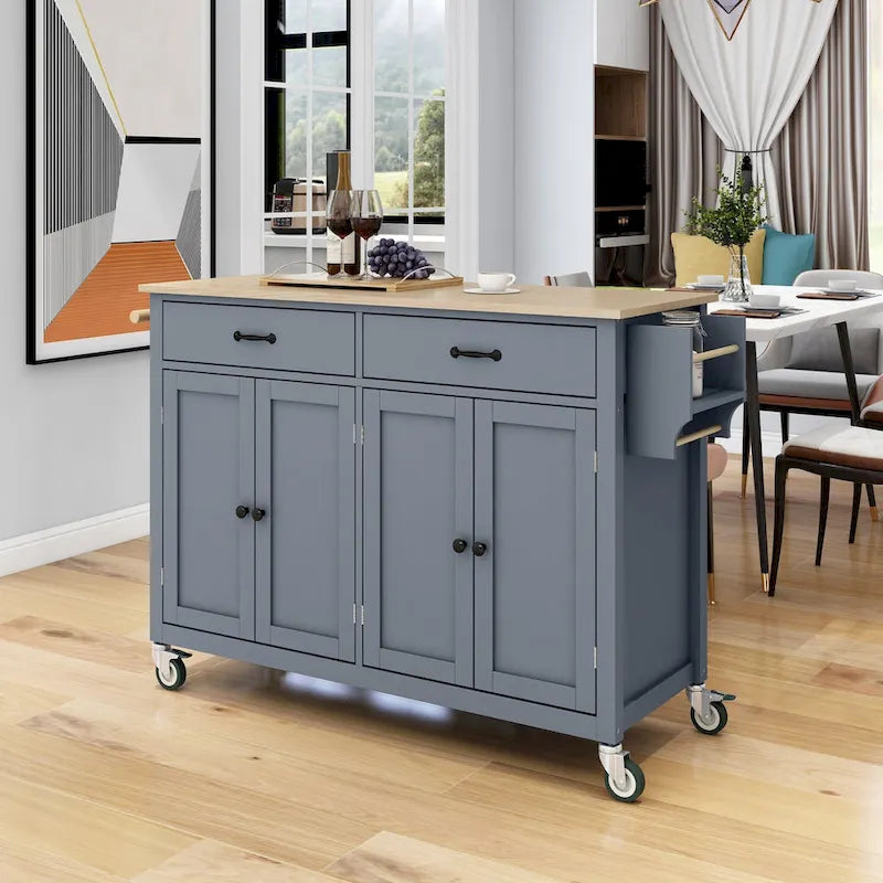 Kitchen Island Cart with 4 Door Cabinet and Two Drawers and 2 Locking Wheels - Solid Wood Top