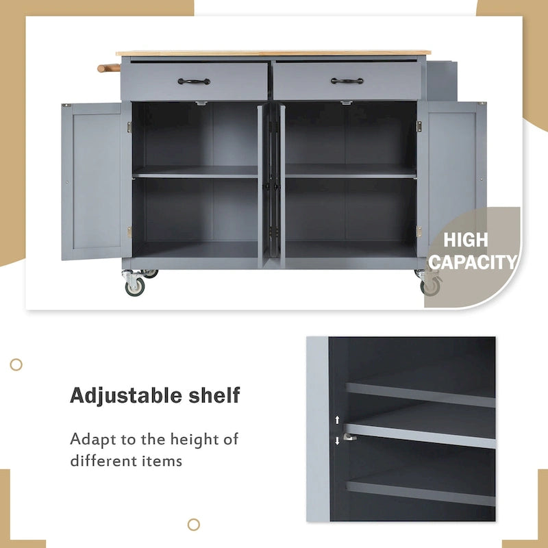 Kitchen Island Cart with 4 Door Cabinet and Two Drawers and 2 Locking Wheels - Solid Wood Top