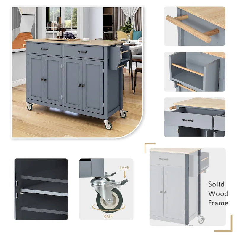 Kitchen Island Cart with 4 Door Cabinet and Two Drawers and 2 Locking Wheels - Solid Wood Top