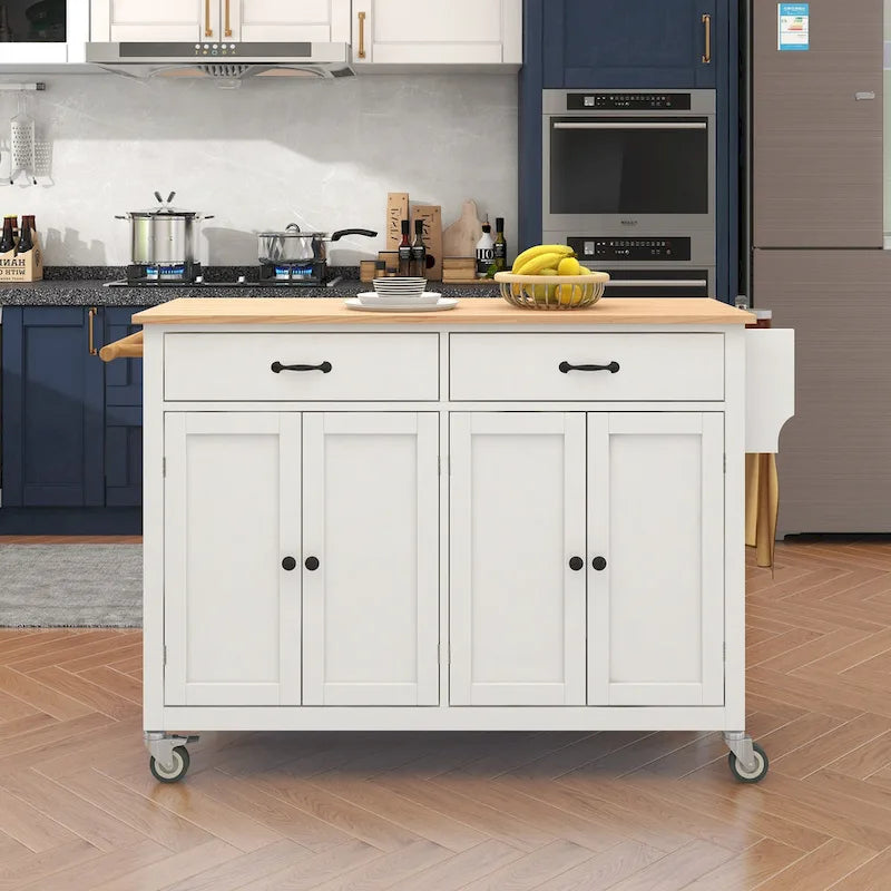 Kitchen Island Cart with 4 Door Cabinet and Two Drawers and 2 Locking Wheels - Solid Wood Top