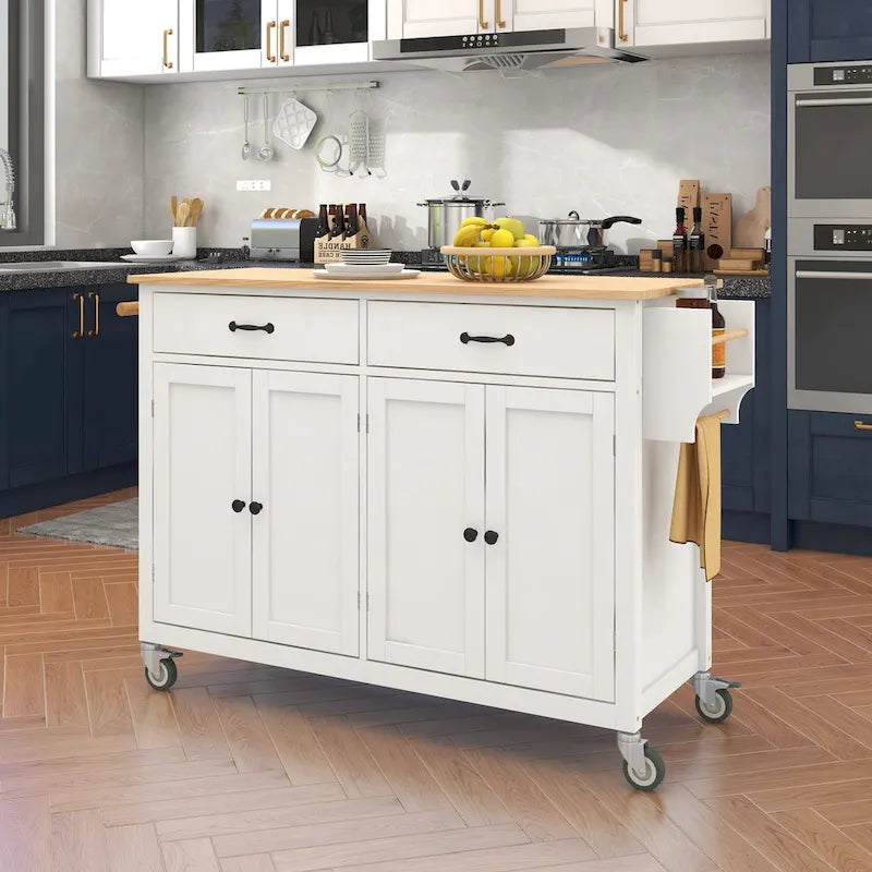 Kitchen Island Cart with 4 Door Cabinet and Two Drawers and 2 Locking Wheels - Solid Wood Top