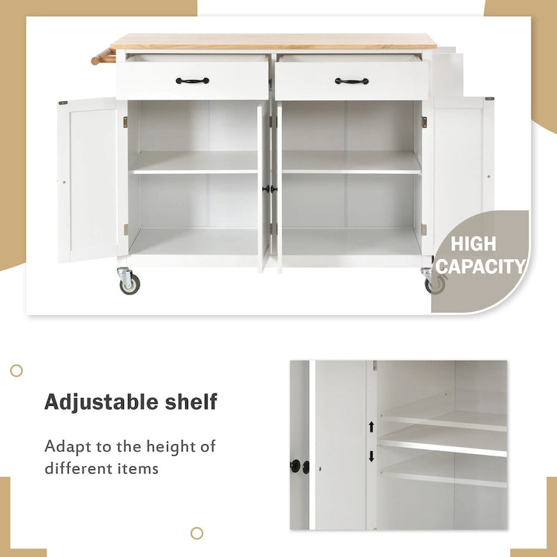 Kitchen Island Cart with 4 Door Cabinet and Two Drawers and 2 Locking Wheels - Solid Wood Top