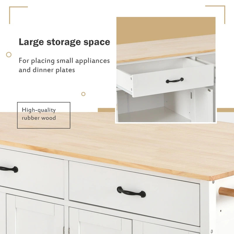 Kitchen Island Cart with 4 Door Cabinet and Two Drawers and 2 Locking Wheels - Solid Wood Top